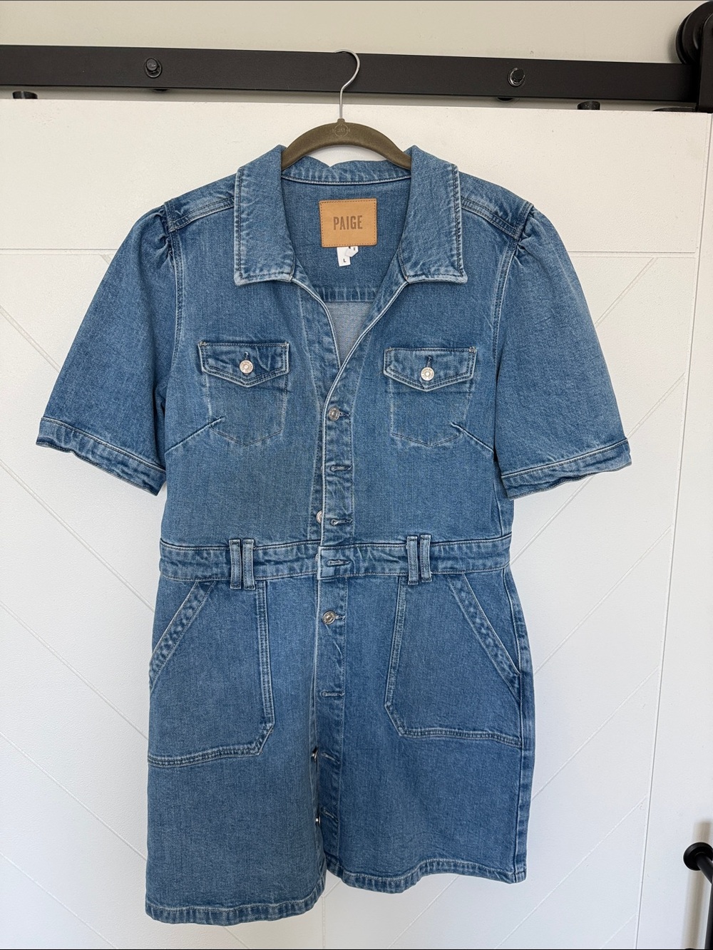 PAIGE Medium Blue Short-Sleeve Denim Dress, size large